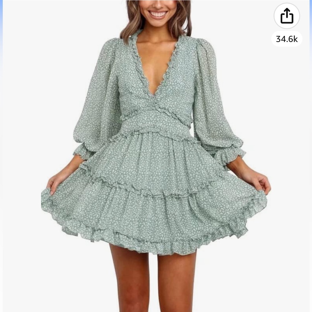 Dokotoo Spring Summer Deep V Neck Ruffle Long Sleeve Floral Print Mini Dress